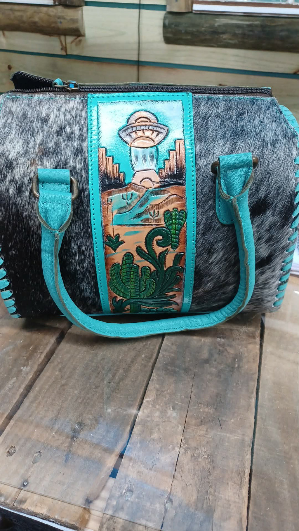 Teal Alien UFO Cowhide Purse