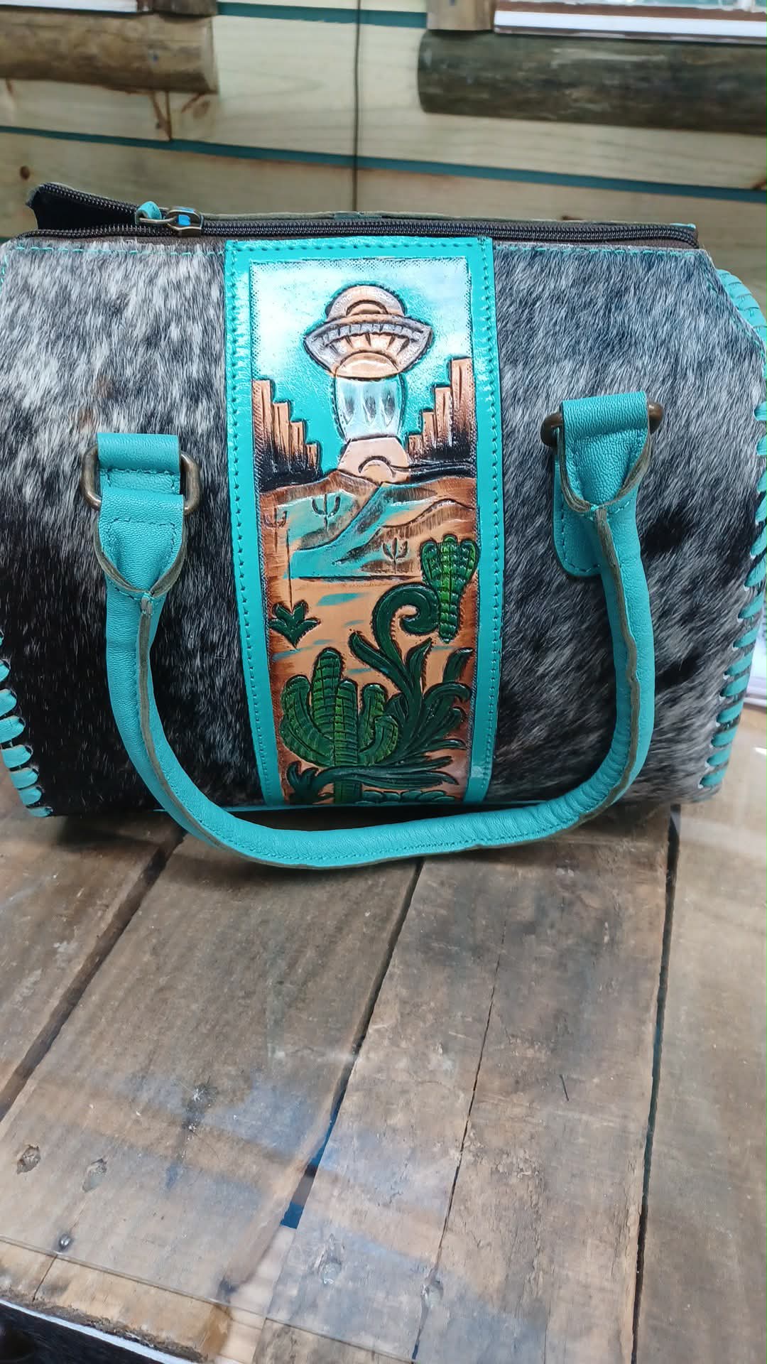 Teal Alien UFO Cowhide Purse
