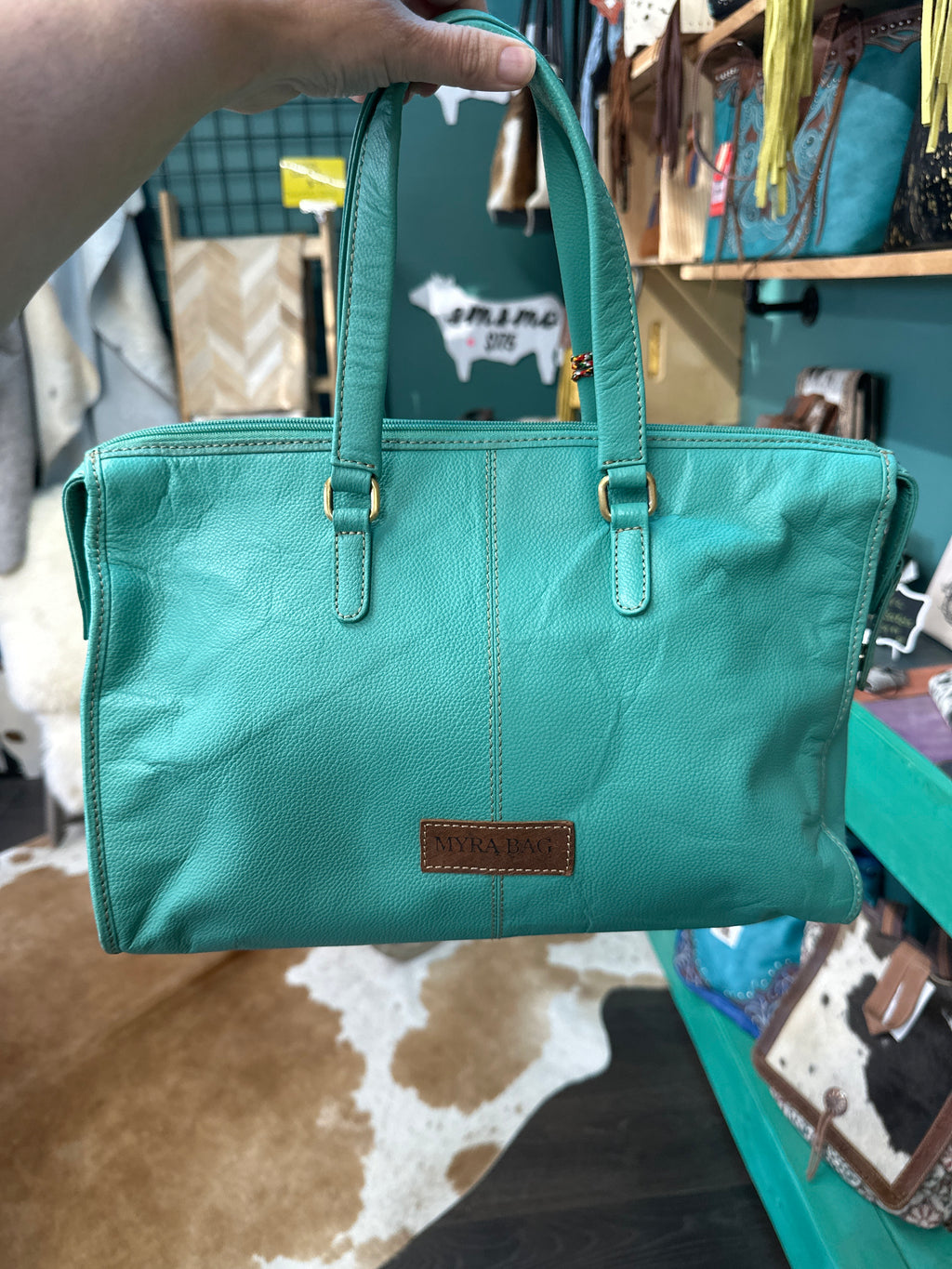 Myra Teal Cowhide Purse