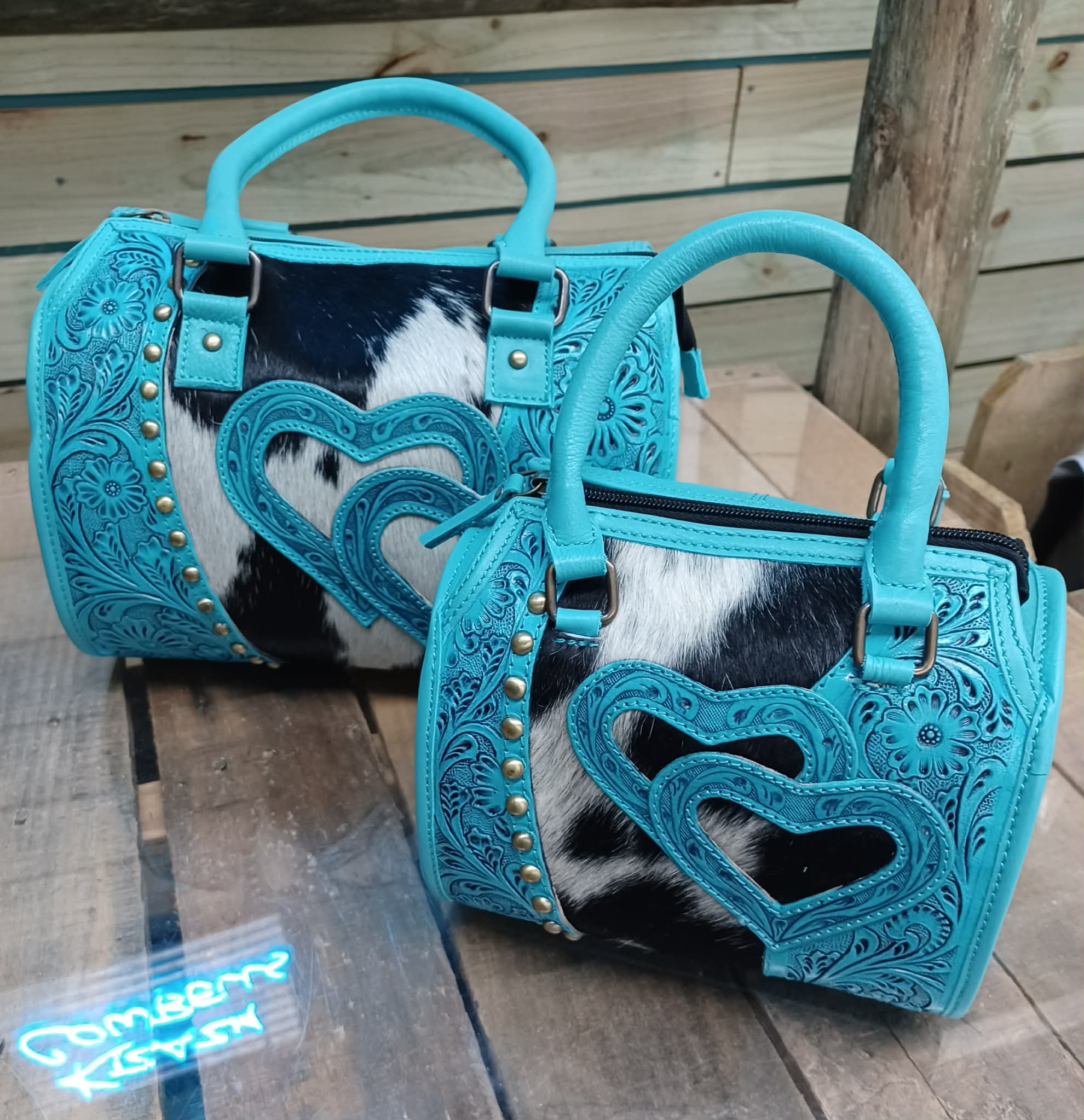 Teal Heart Cowhide purse