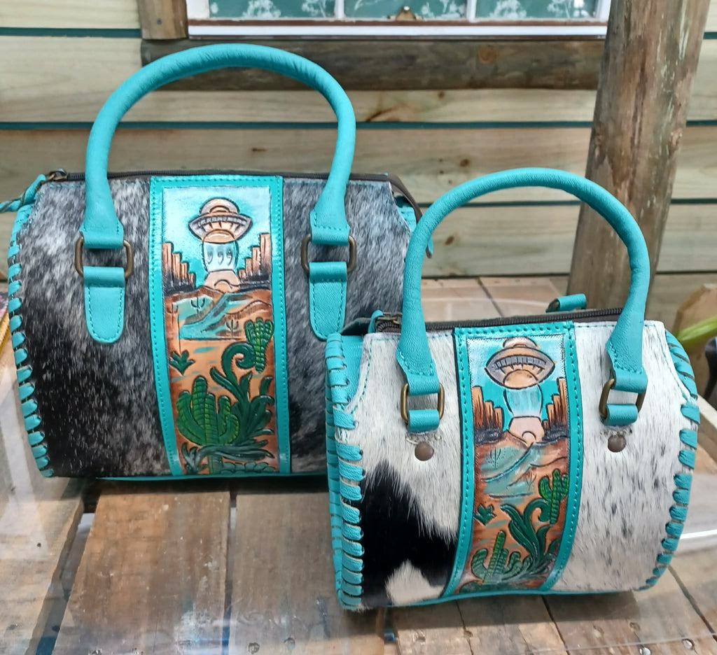 Teal Alien UFO Cowhide Purse