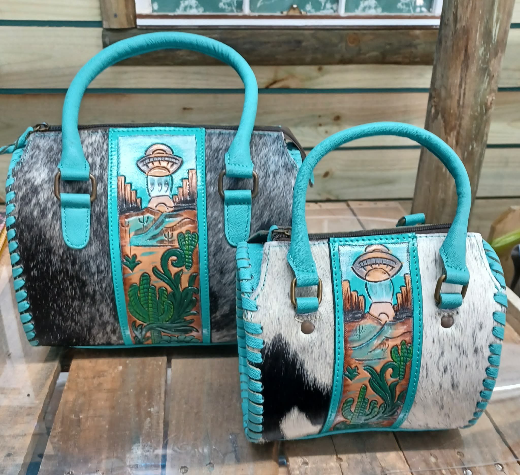Teal Alien UFO Cowhide Purse