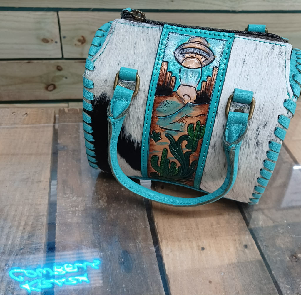 Teal Alien UFO Cowhide Purse
