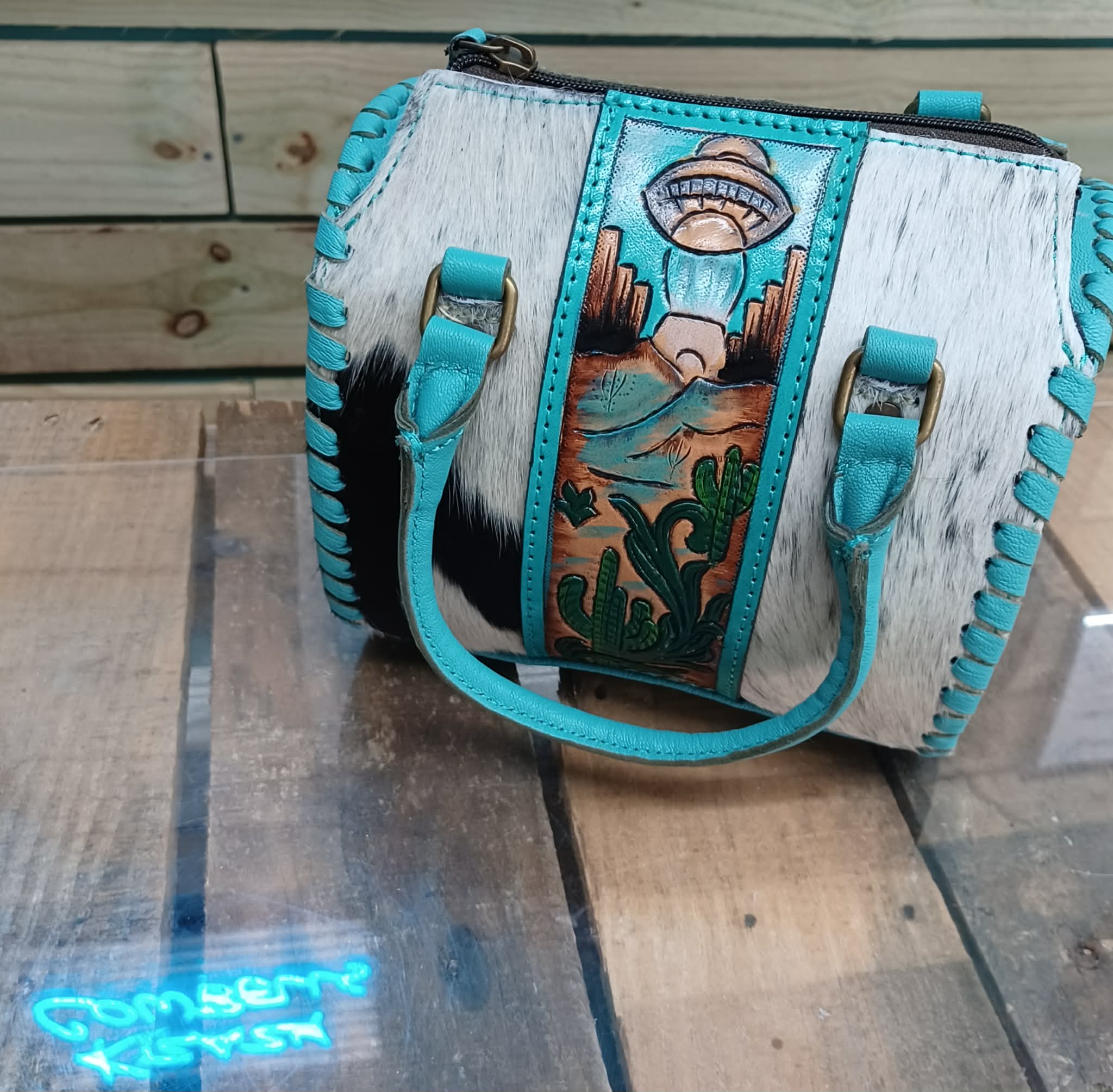 Teal Alien UFO Cowhide Purse