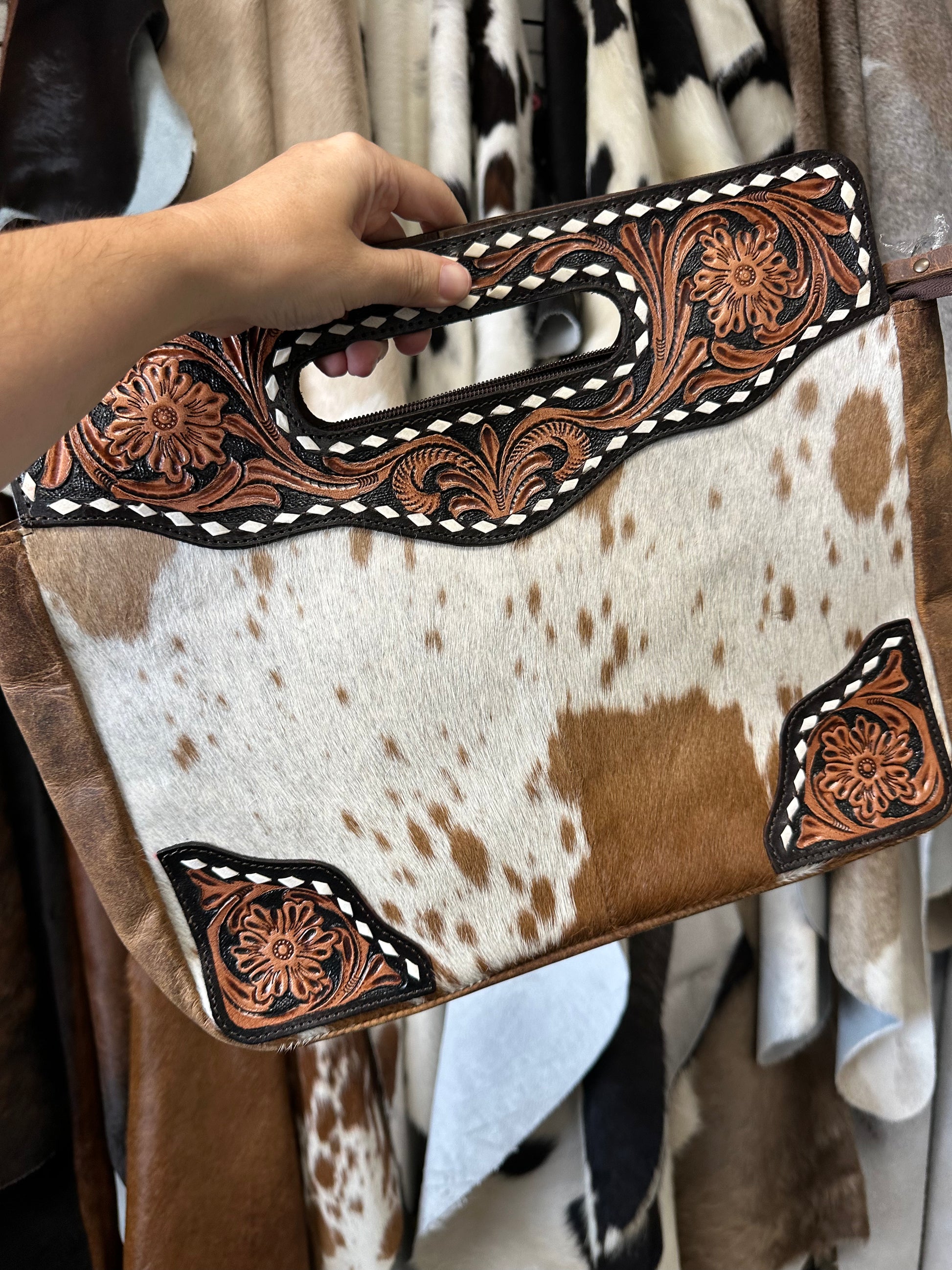 Tooled cowhide bag