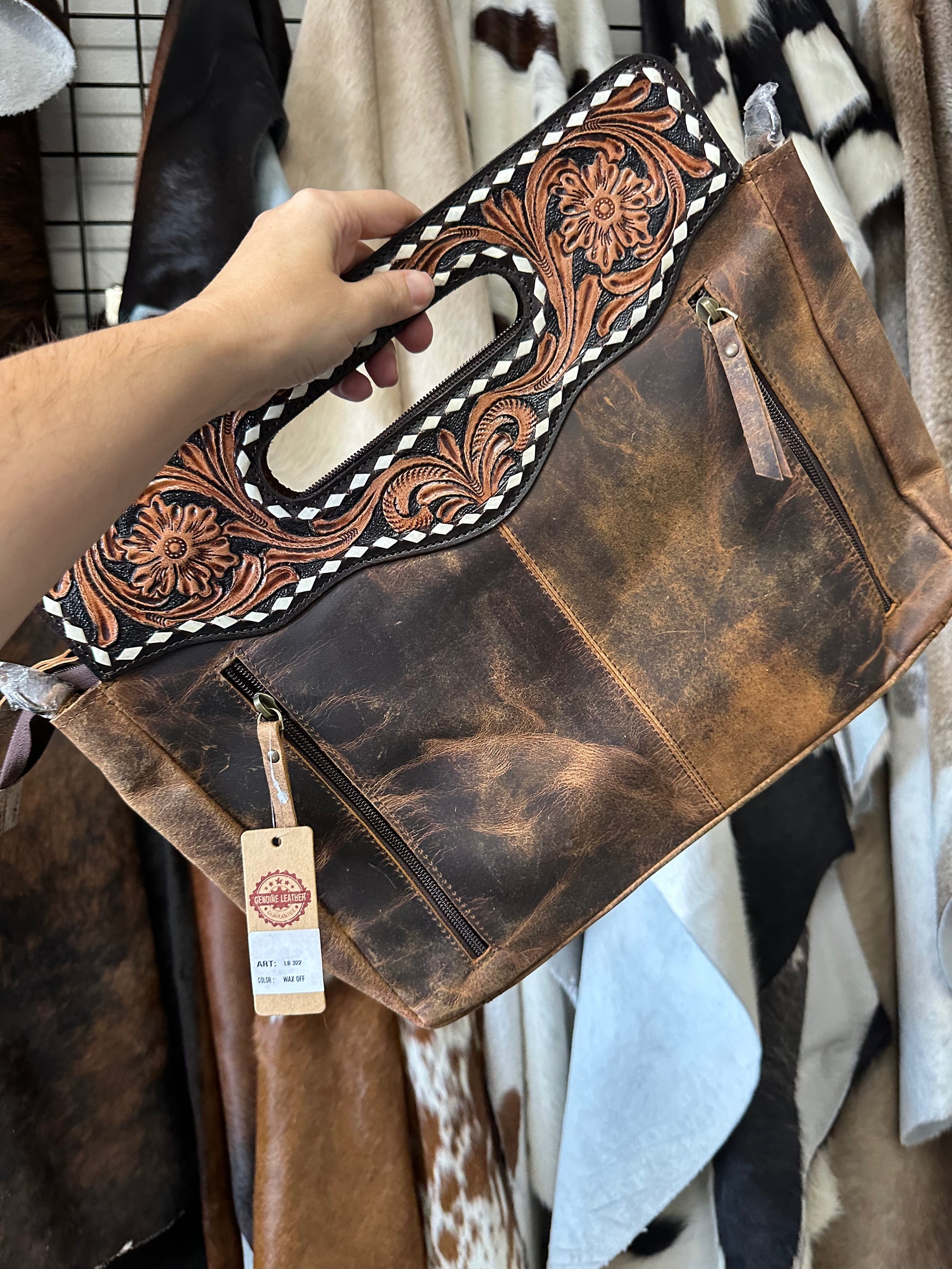 Tooled cowhide bag