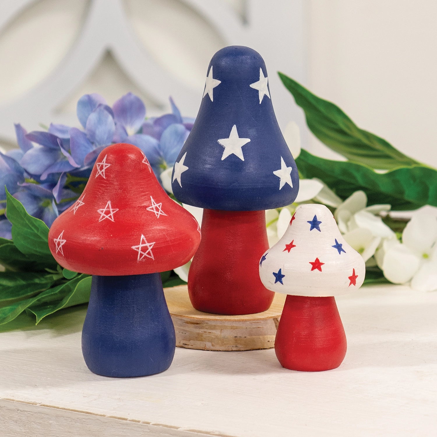 3/Set - Wooden Americana Mushroom Sitters